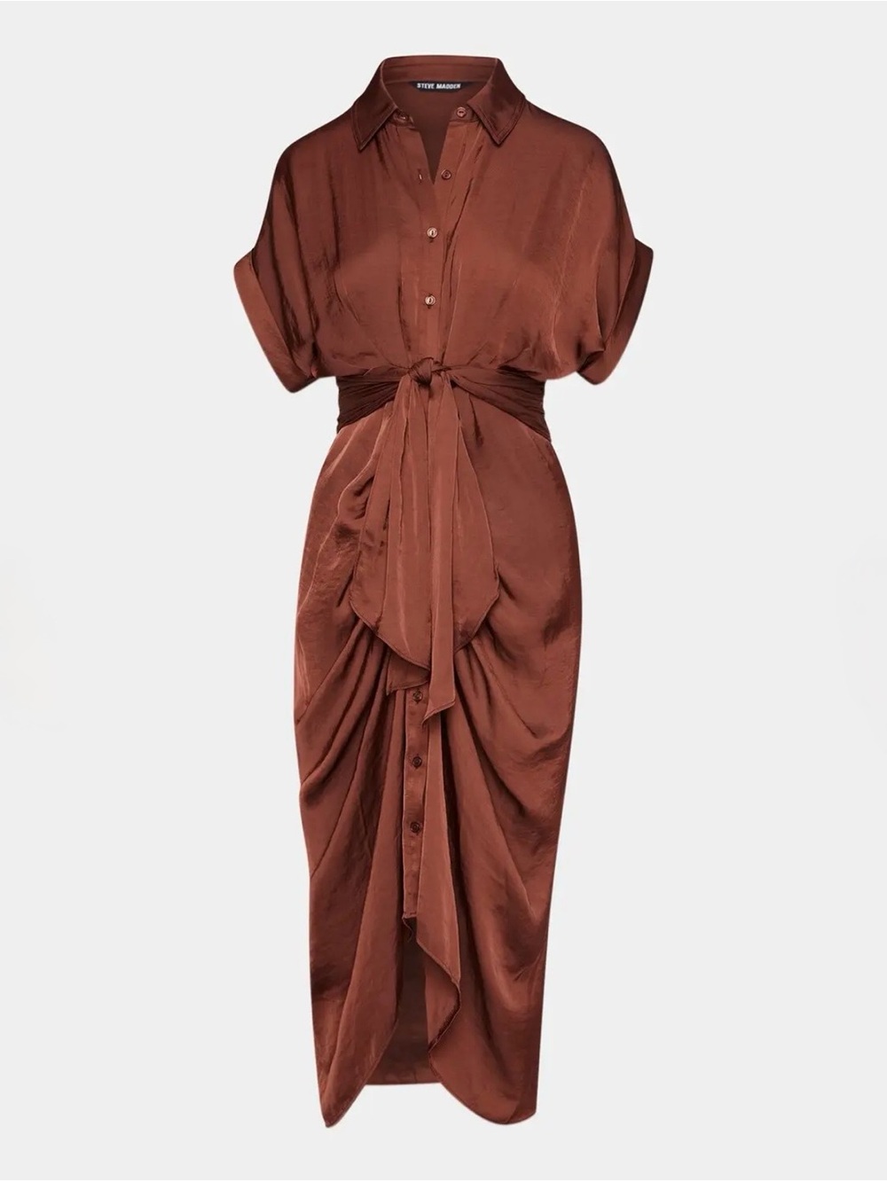 NWT Steve Madden Tori Dress Boohoo Brown Satin Tie-Waist Midi Shirt Dress